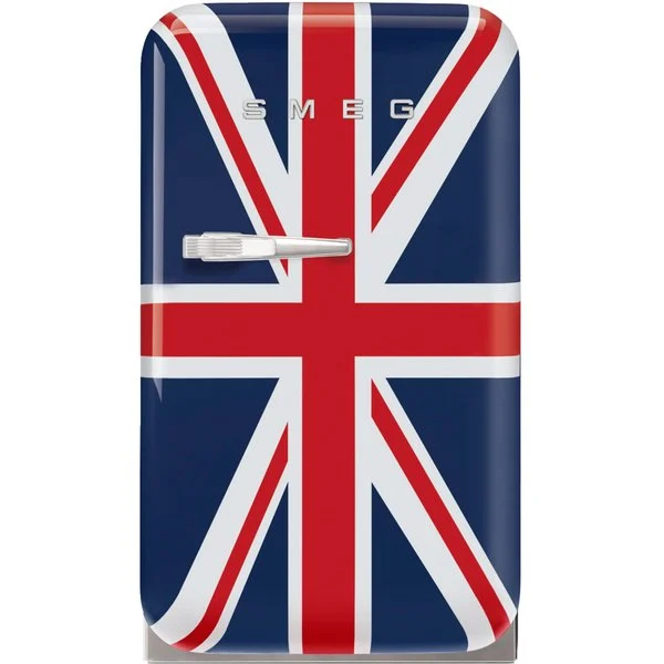 Lille Smeg køleskab dekoreret med det britiske flag